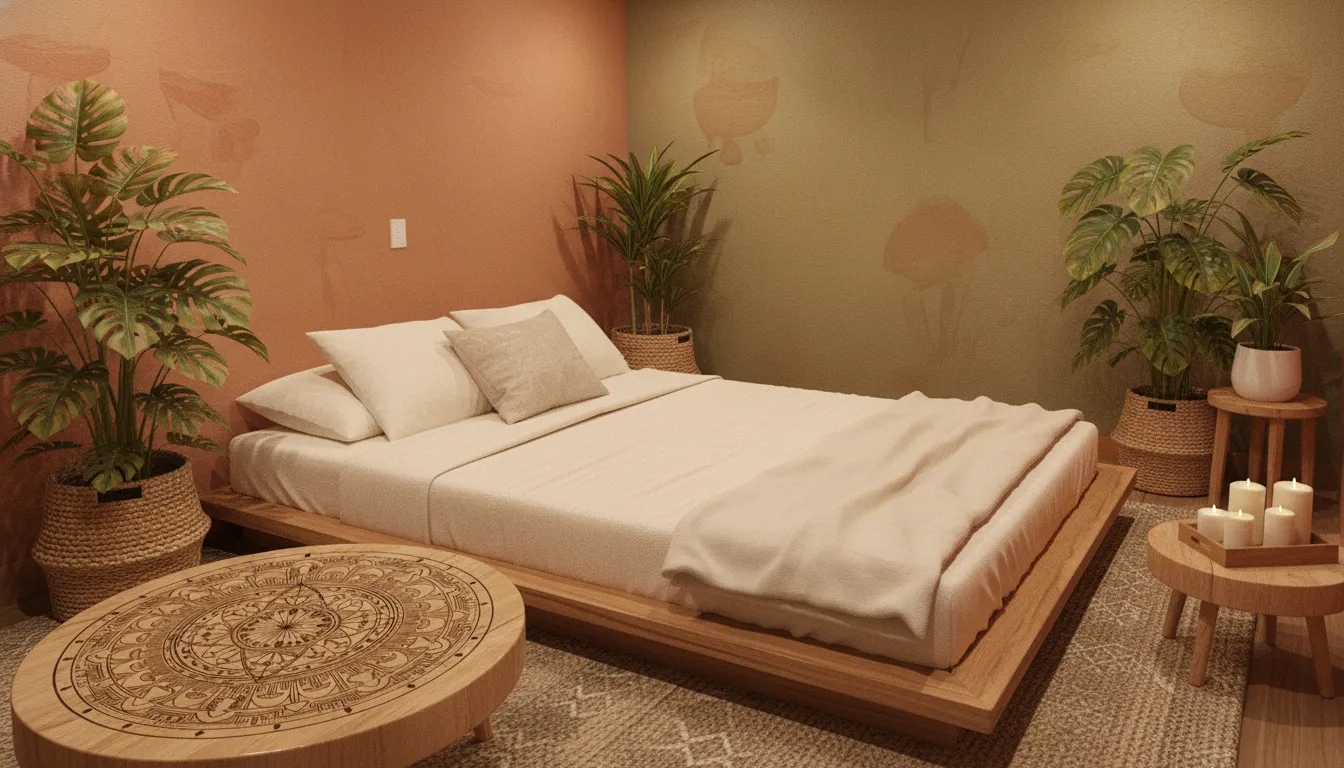 Softly lit natural medicine healing room prepared for a Colorado journey