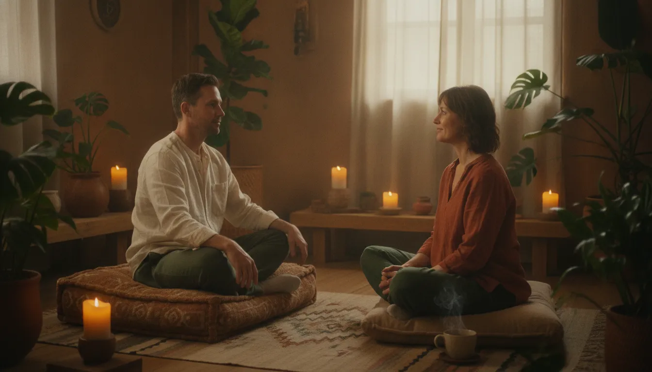 A facilitator and participant in a calm Colorado natural medicine reflection session