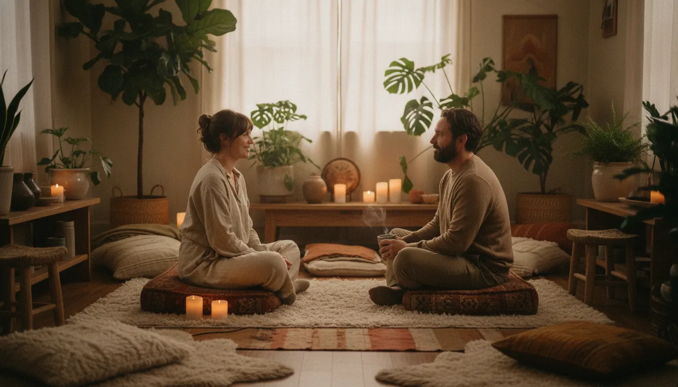 A licensed facilitator speaking with an adult participant after a supported psilocybin session