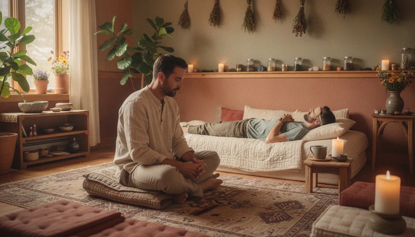 Physician and facilitator reviewing participant wellbeing in a Colorado healing room