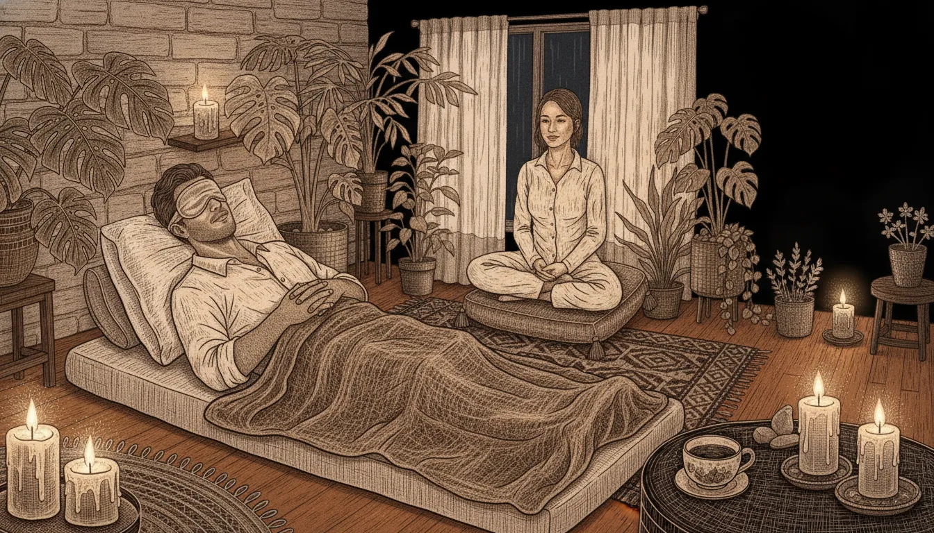 Facilitator offering calm support to an adult participant during a Colorado psilocybin session