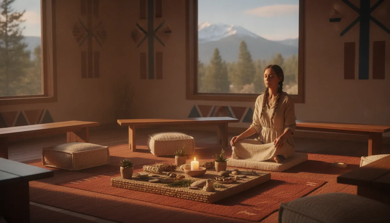A calm, grounded natural medicine healing space in Colorado's mountains with soft morning light and earth tones