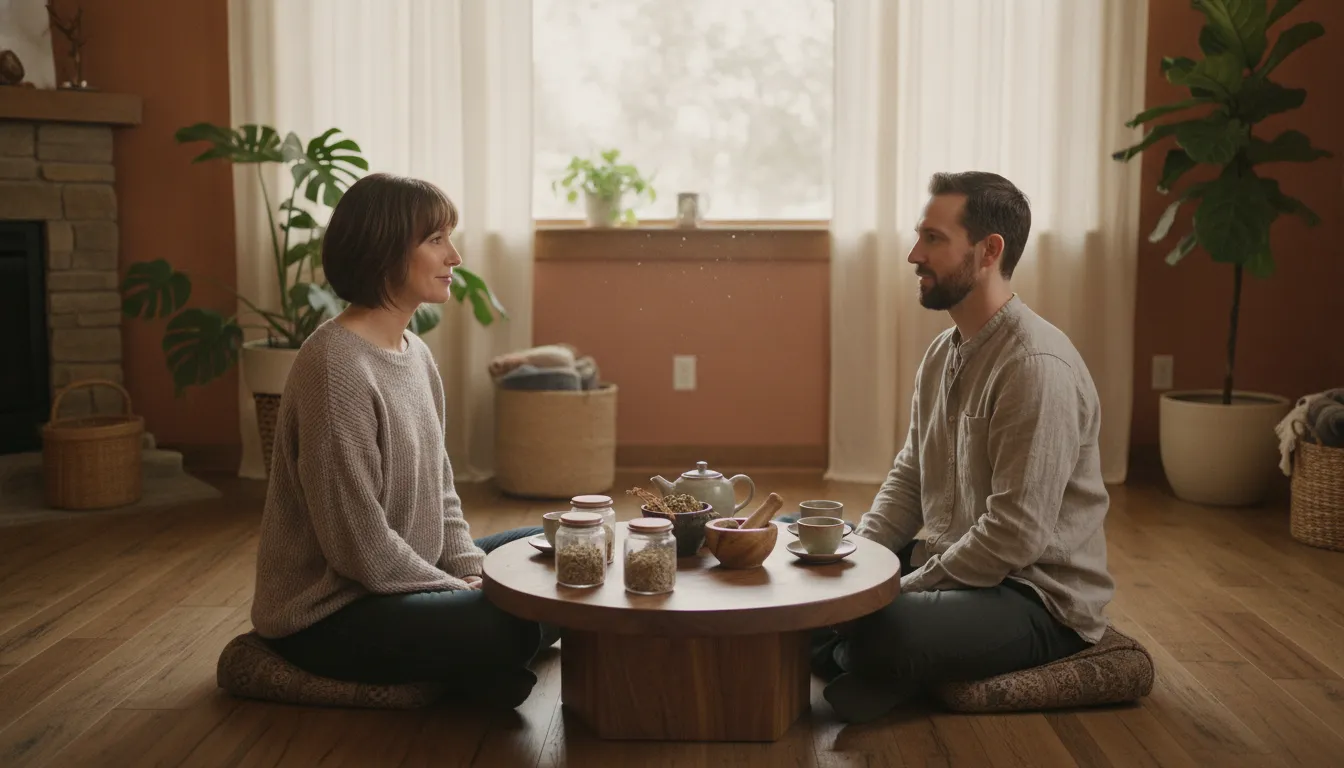 Adult reader speaking with a natural-medicine professional in a warm Colorado healing center