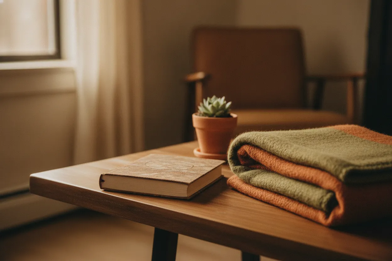 Quiet journal and folded blanket in a warm natural medicine preparation space