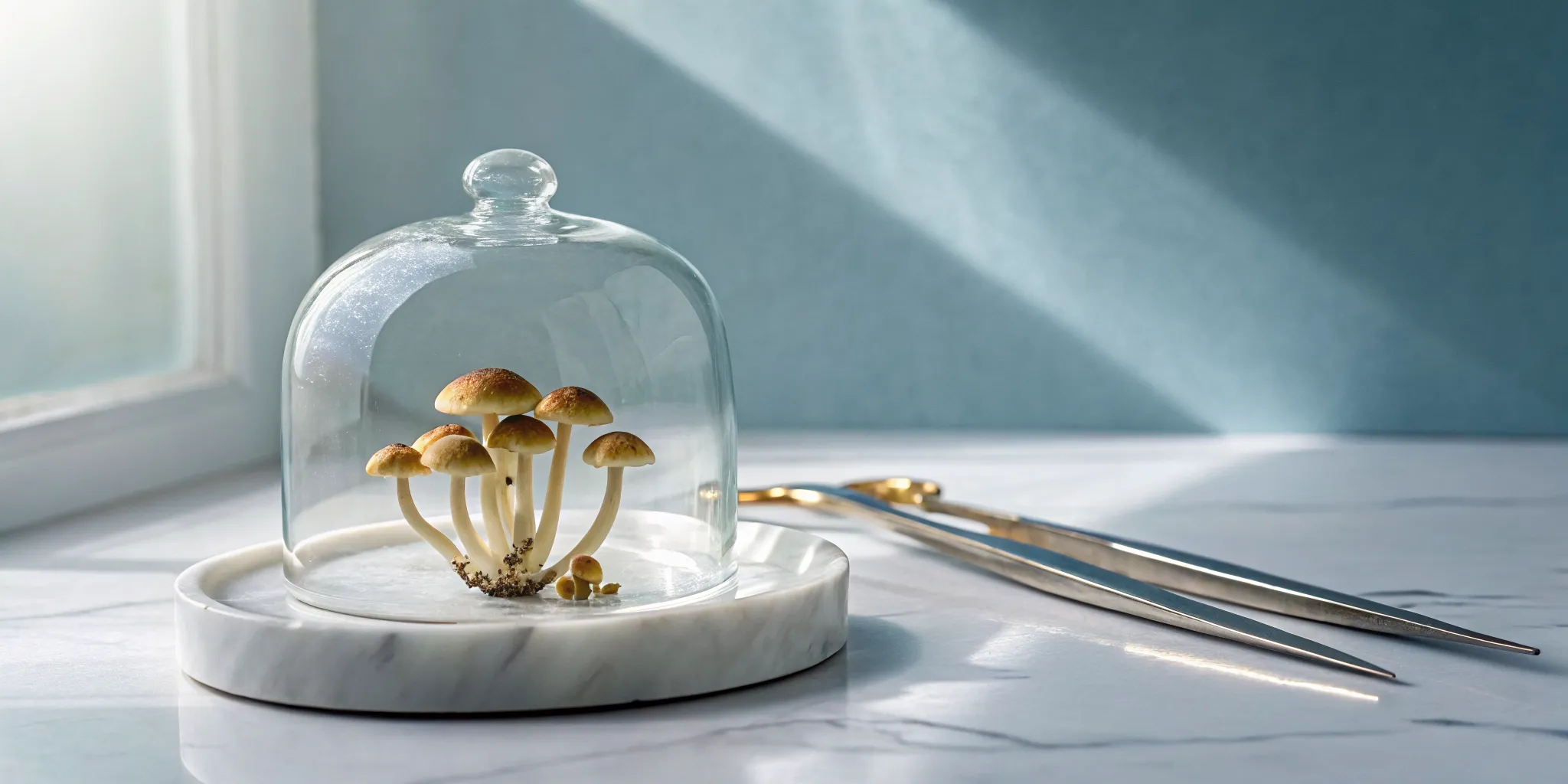 Psilocybin mushrooms under a glass dome, prepared for safe therapeutic use.