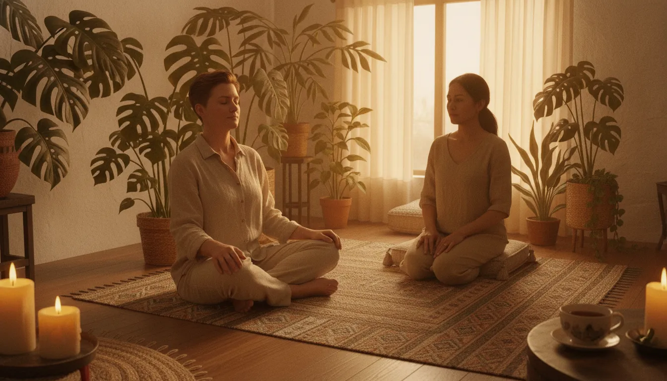 A calm adult in quiet reflection inside a softly lit natural medicine session room in Colorado, a trained facilitator present in supportive silence.