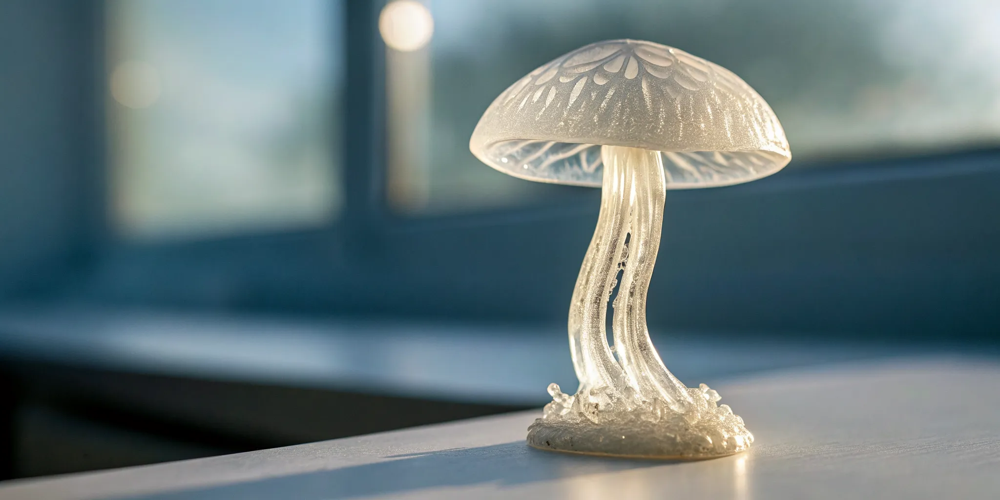 A mushroom sculpture representing psilocybin for PTSD as a new path to healing.