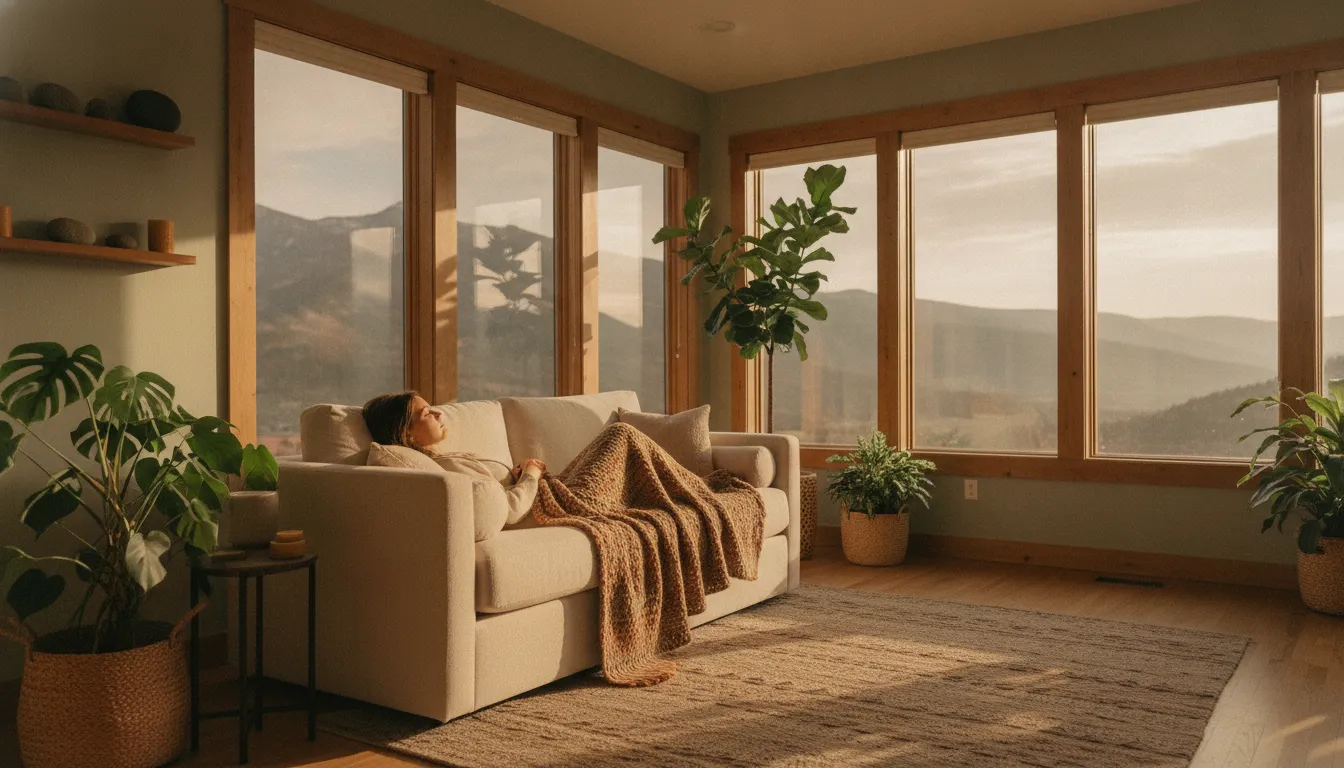 A serene, softly lit therapy room in a Colorado licensed healing center with mountain views and warm earth tones