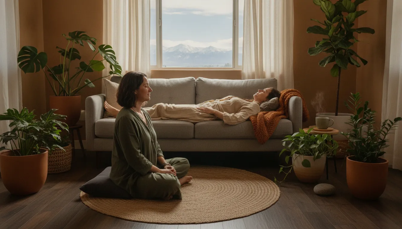 Warm licensed psilocybin healing room in Colorado with a client resting during a supported journey