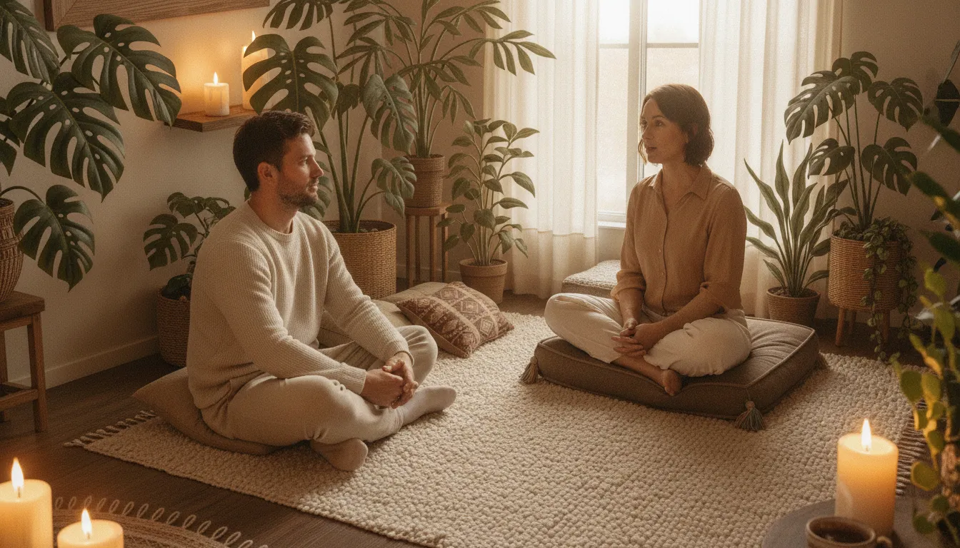 Adult client and clinical facilitator in a warm Colorado healing center before a psilocybin therapy session
