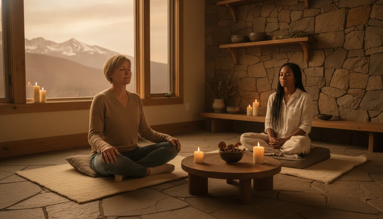 Veteran preparing for psilocybin therapy for PTSD in a warm Colorado healing center