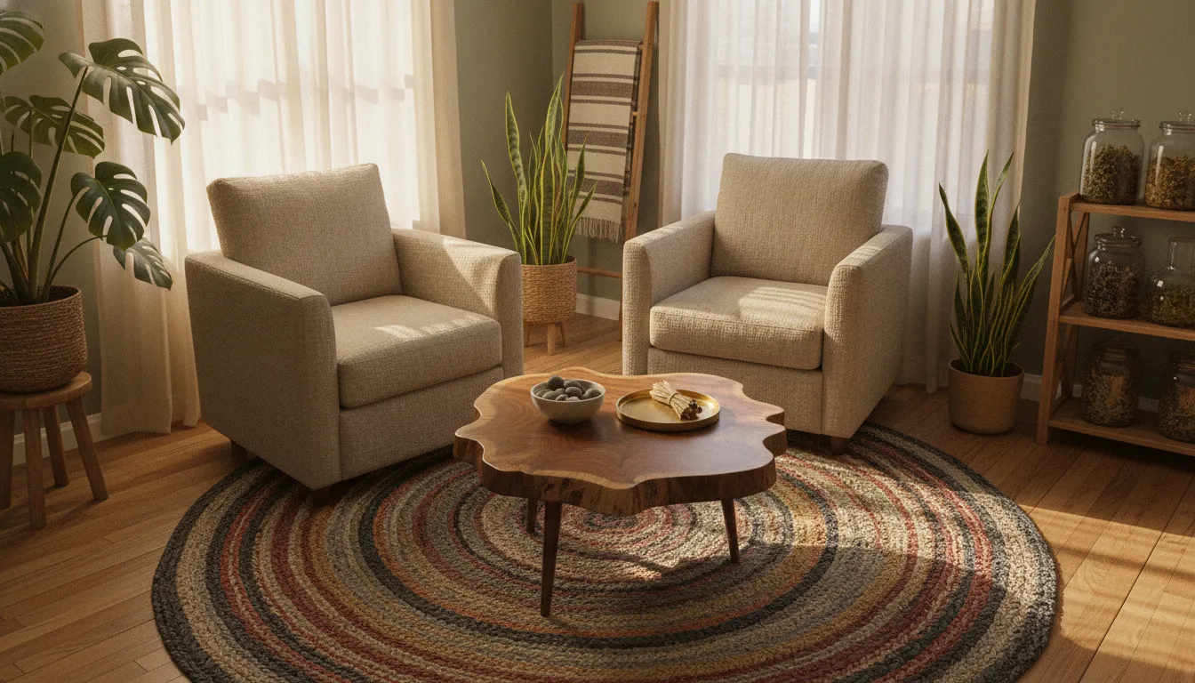 Warm Colorado natural medicine healing room prepared for a supported psilocybin journey