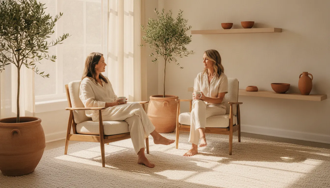 Warm Colorado healing center conversation about psilocybin therapy and depression care