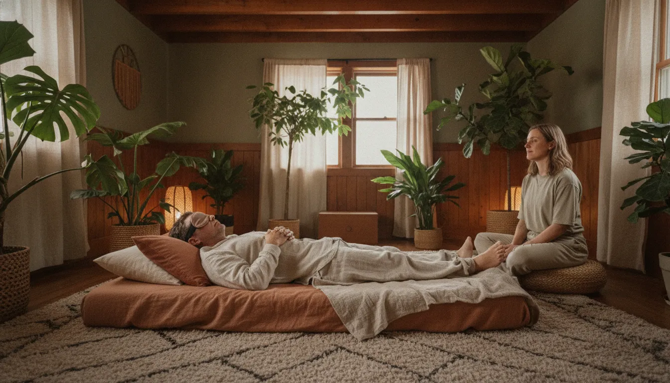 Supported natural medicine journey in a calm Colorado healing room for a veteran exploring PTSD care