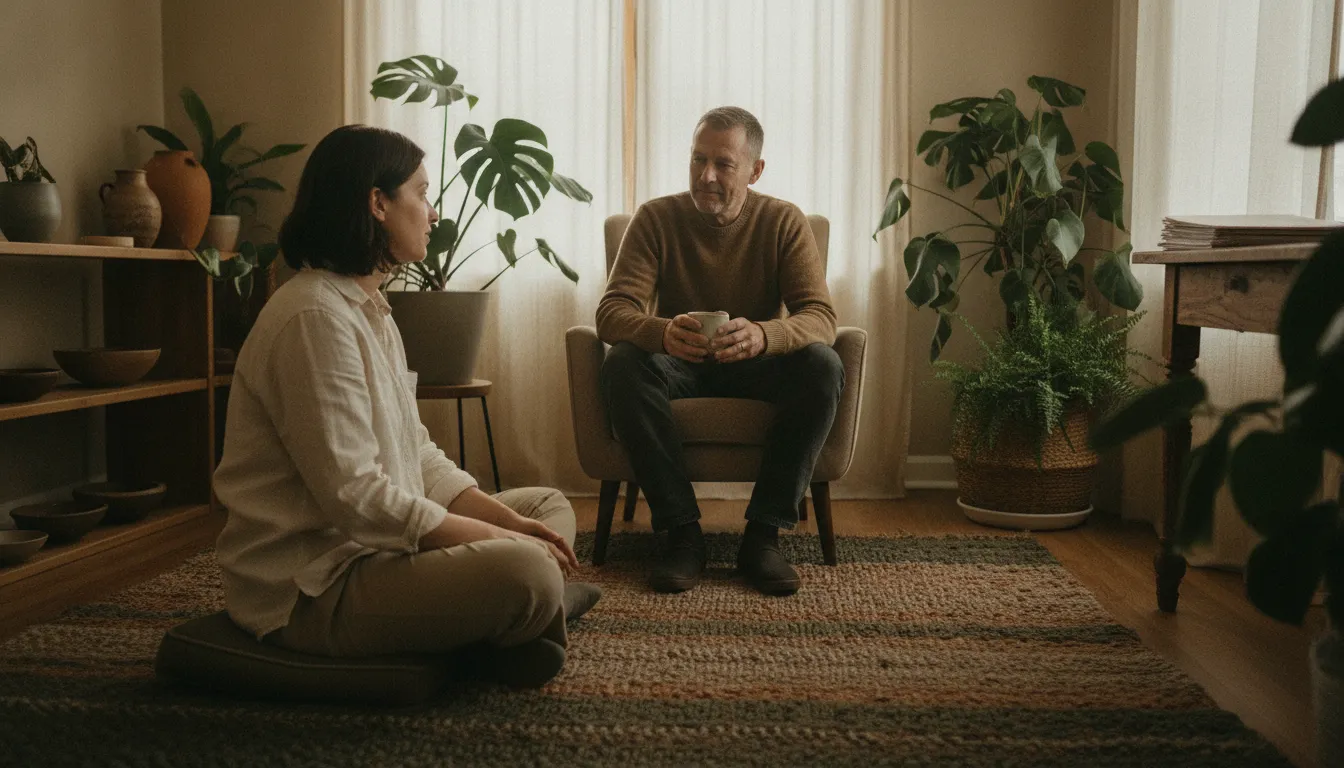 Veteran discussing medical screening with a professional before psilocybin therapy for PTSD in Colorado