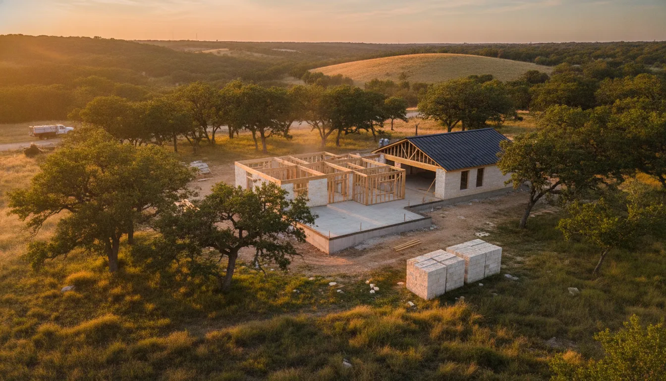 A custom home under construction on a Texas Hill Country homesite surrounded by live oak trees and rolling hills