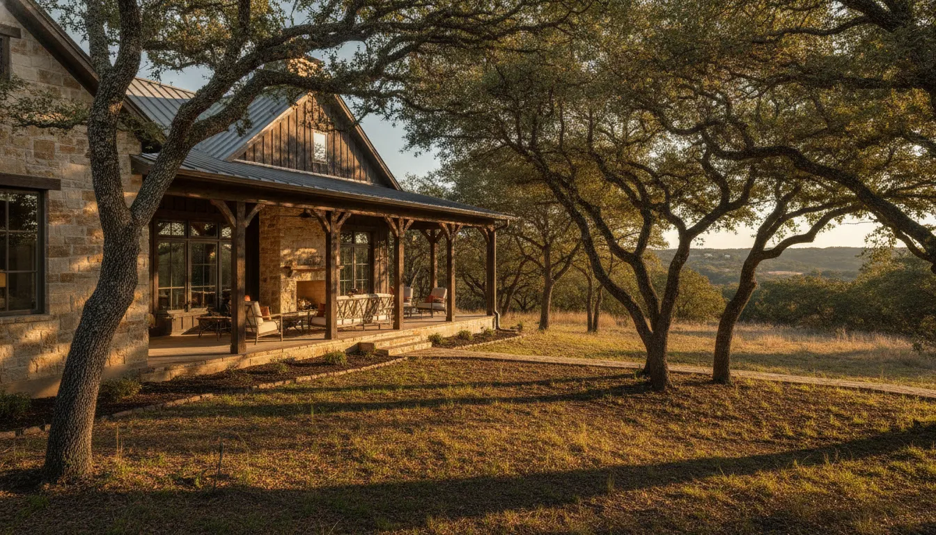 Custom limestone Texas Hill Country home on a private wooded lot at golden hour