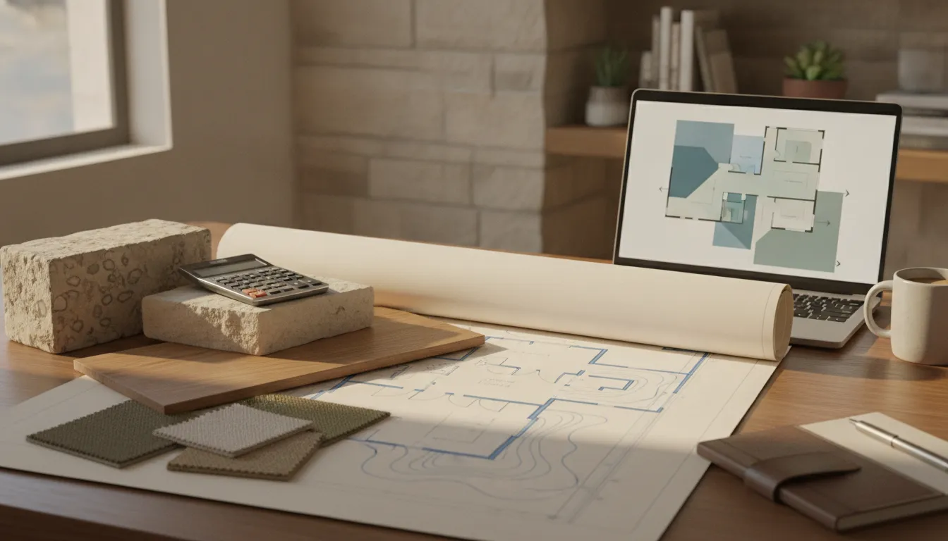 Planning a Texas Hill Country custom home budget with a site plan, material samples, and calculator