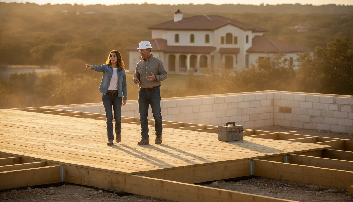 A custom home taking shape on a Texas Hill Country homesite near New Braunfels and Boerne