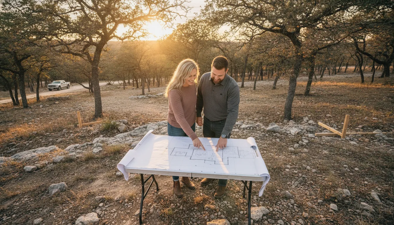 Builder and couple reviewing a custom home plan beside a Texas Hill Country homesite
