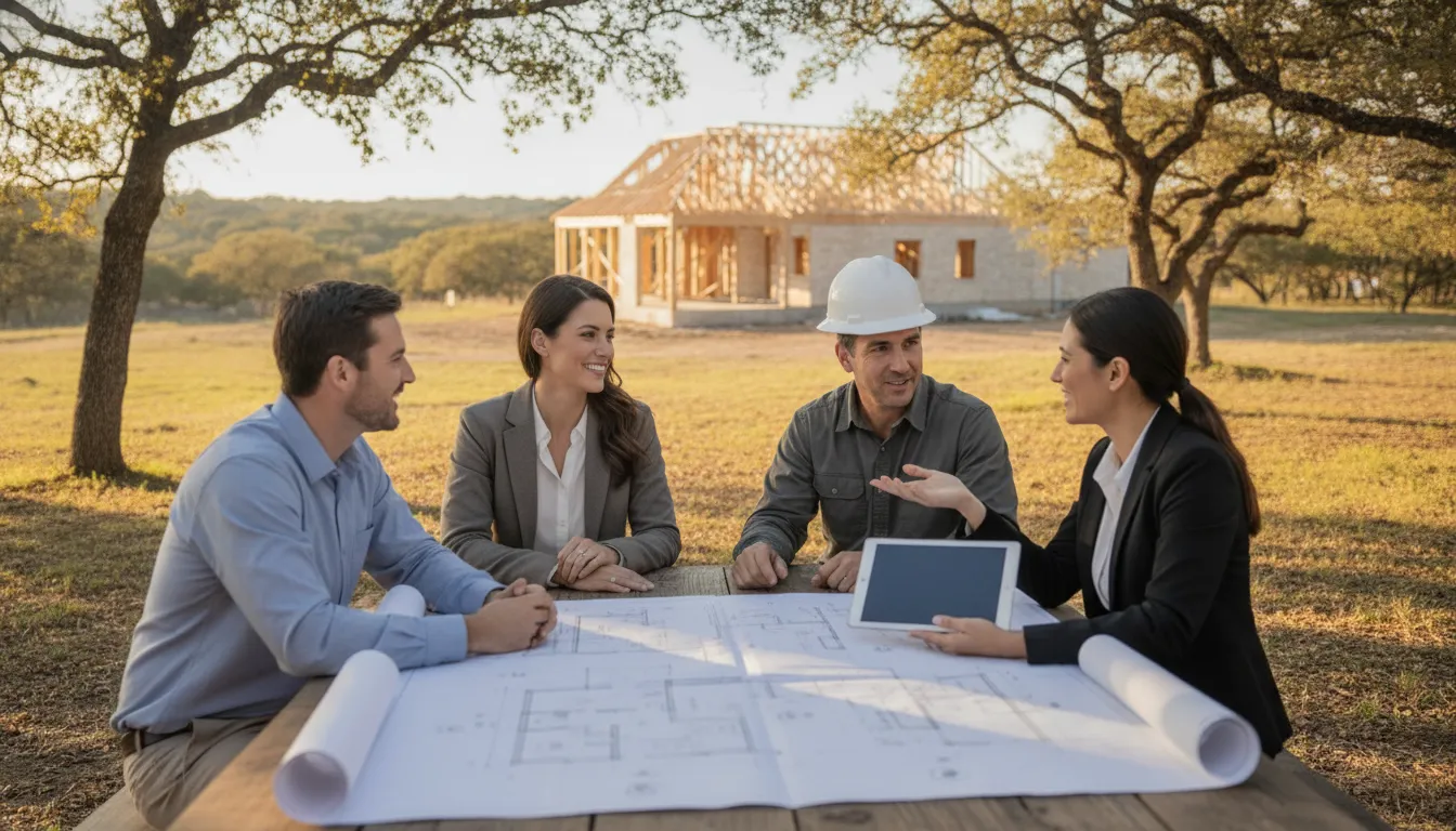 Couple discussing custom home financing with a builder at a Texas Hill Country homesite