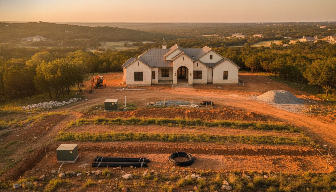 Texas Hill Country custom home construction site with a finished home and prepared lot