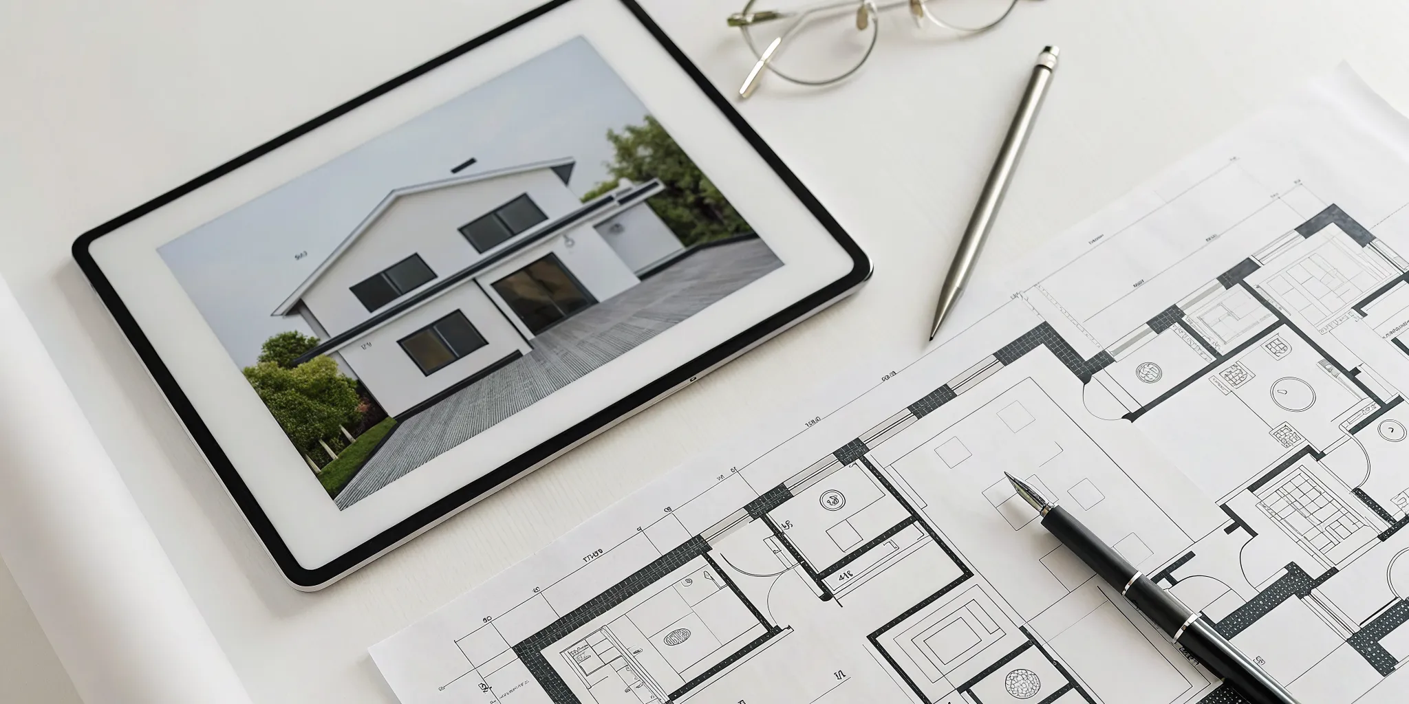 Choosing new house floor plans with a tablet showing a modern home design.