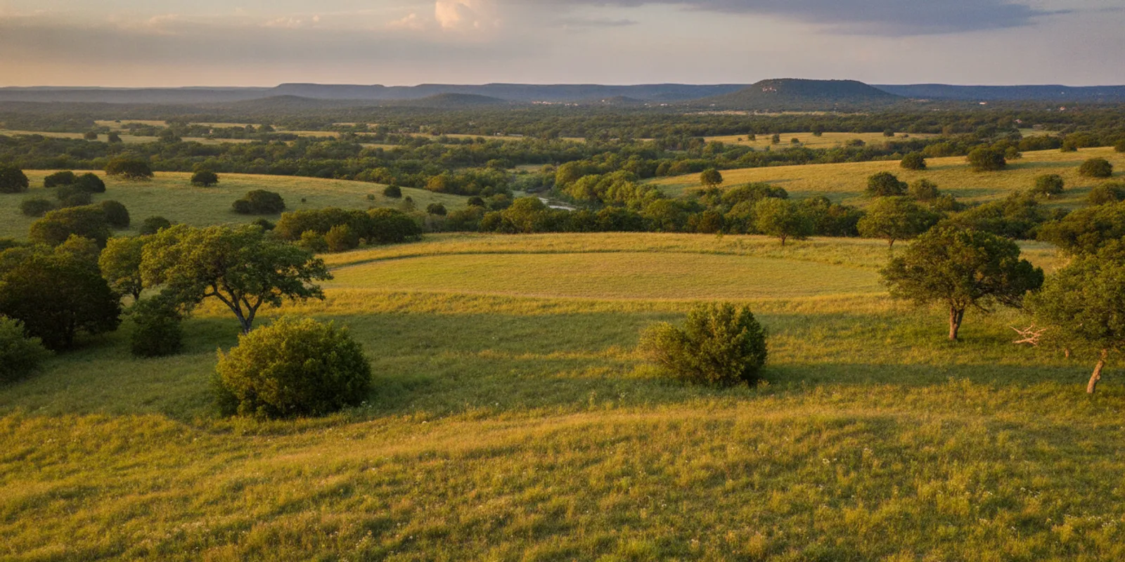 Open Texas Hill Country homesite with mature trees and a clear view of the terrain