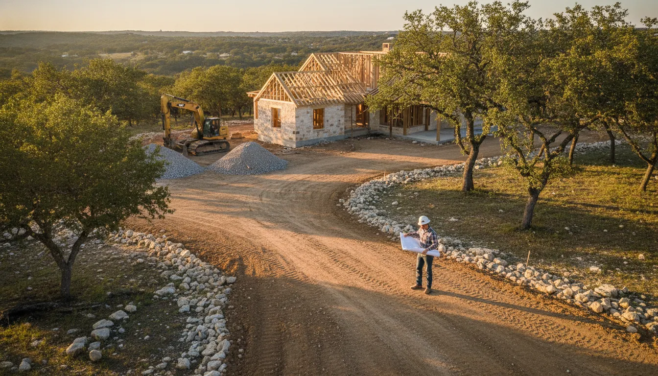 Custom limestone Texas Hill Country home under construction on a private oak-covered lot at golden hour