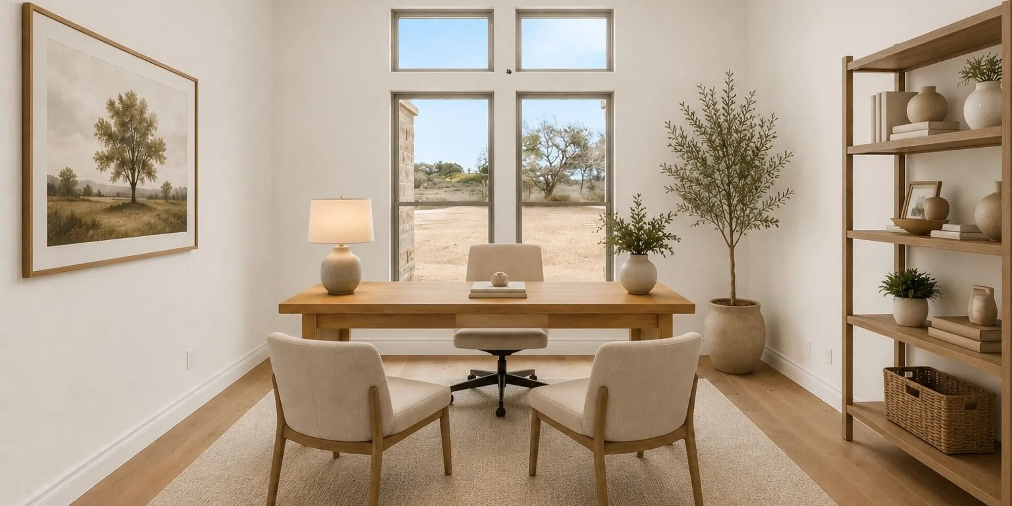 A bright, thoughtfully designed home office with a desk facing a window in a Texas Hill Country home