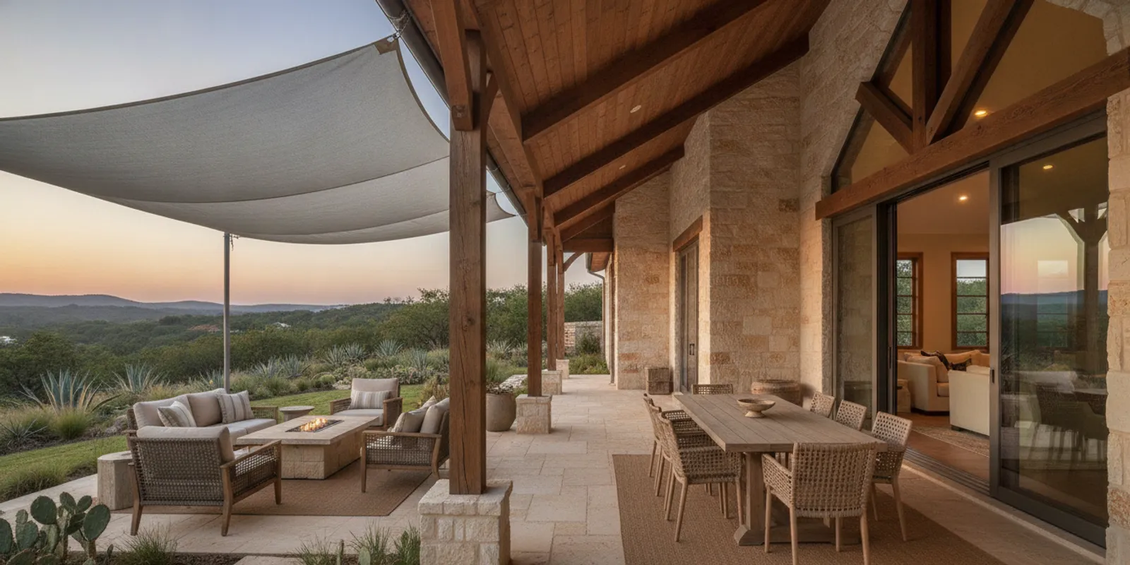Covered patio with comfortable seating beside a Texas Hill Country custom home