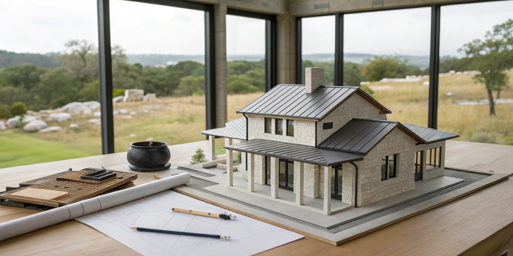 Architectural model and blueprints for planning the cost to build a custom home in Texas.