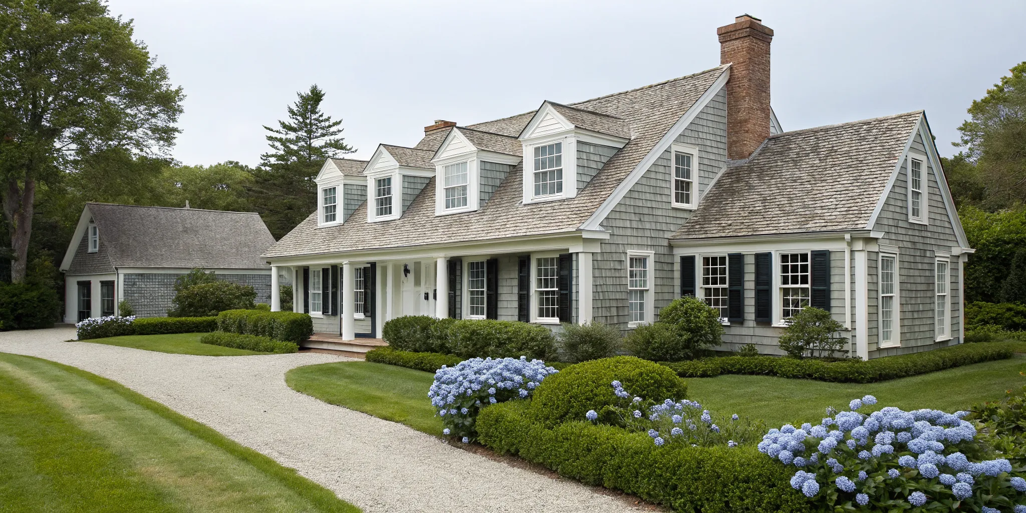 Symmetrical Cape Cod style house with a steep roof, central chimney, and classic dormer windows.