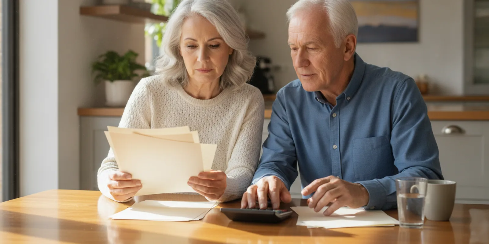 Couple comparing retirement income options at a kitchen table