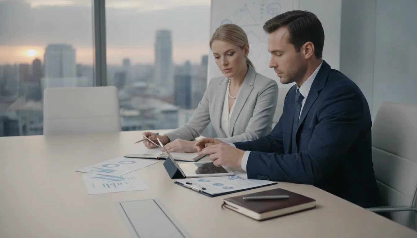 Business professionals review annuity charts to assess whether annuities are a good retirement investment.