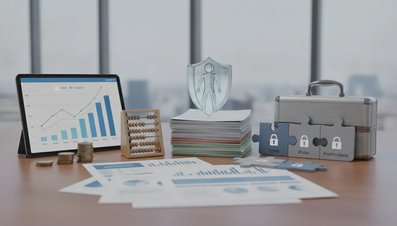 Charts comparing annuity safety, risks, and protections on a tablet beside coins, documents, and puzzle pieces.