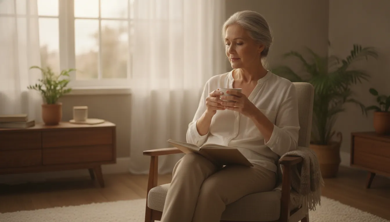 A woman in her late sixties sits by a bright window with tea, thinking through a retirement decision