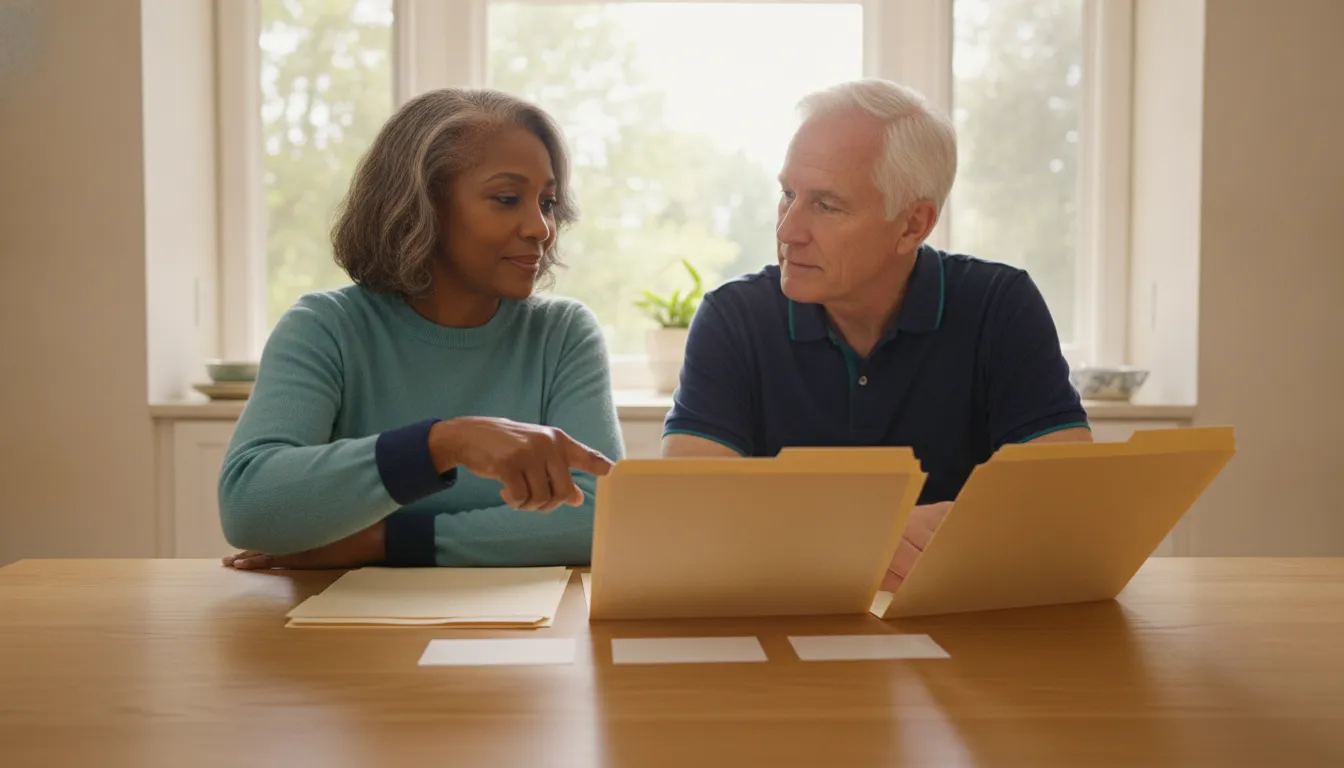 A couple in their 60s comparing several plain folders at a kitchen table while choosing an annuity option.