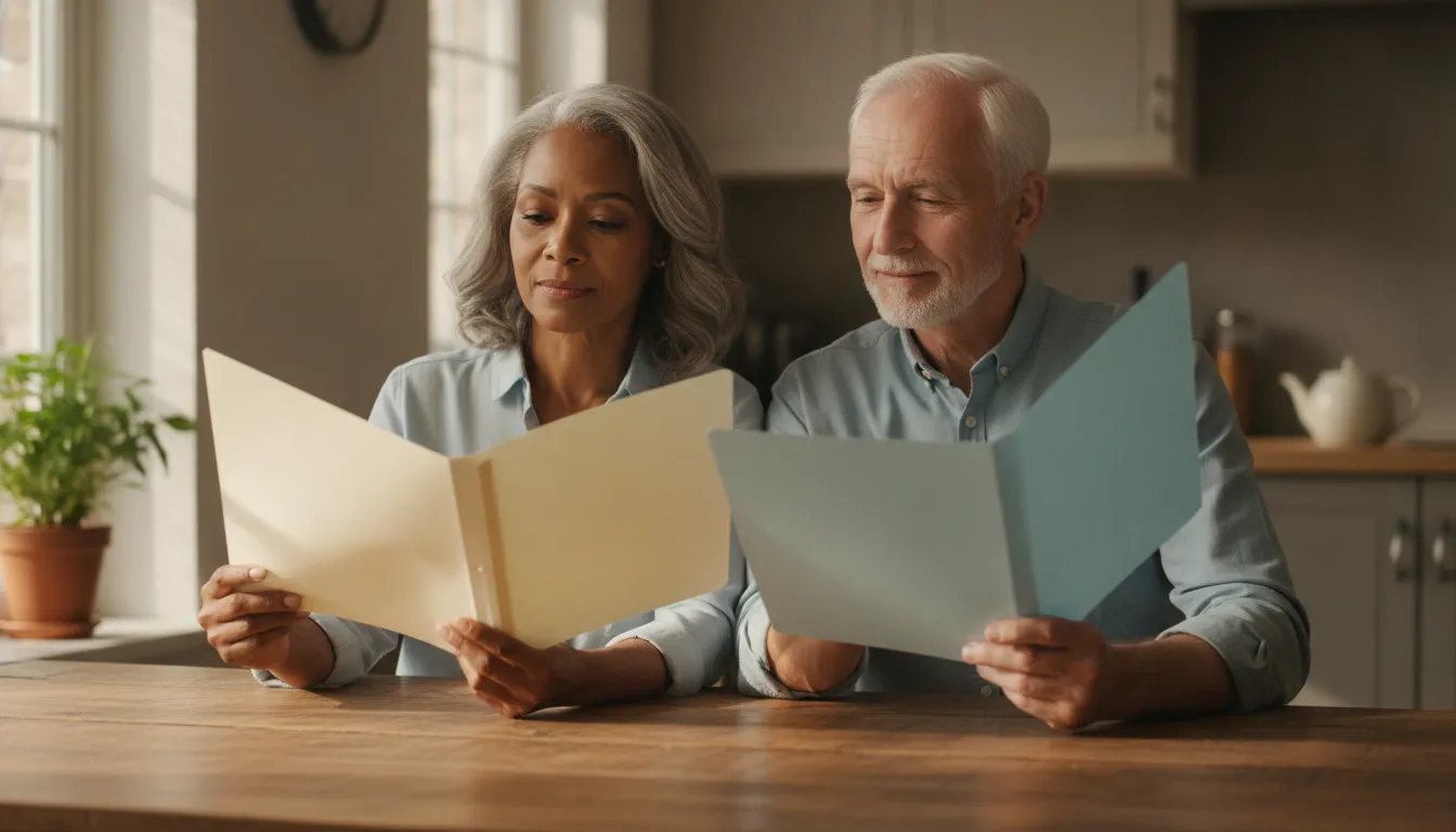 A couple in their 60s comparing two blank folders at a kitchen table