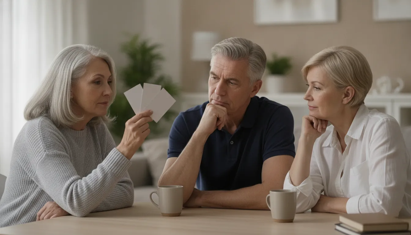 Three adults in their sixties and seventies compare blank cards at a table, suggesting the importance of choosing the right fixed indexed annuity option.