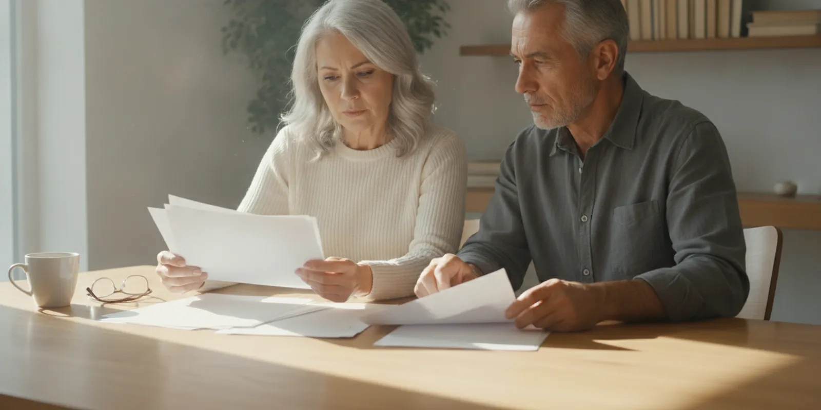 Retired couple reviewing retirement income options at home