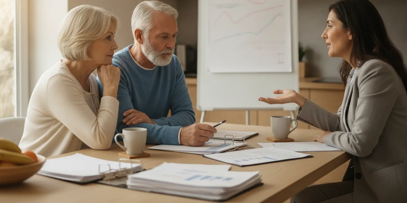 Couple reviewing retirement income documents together at a kitchen table
