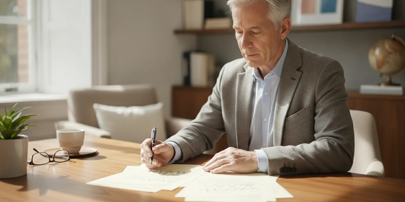 A retirement educator reviews an annuity contract at a home office desk