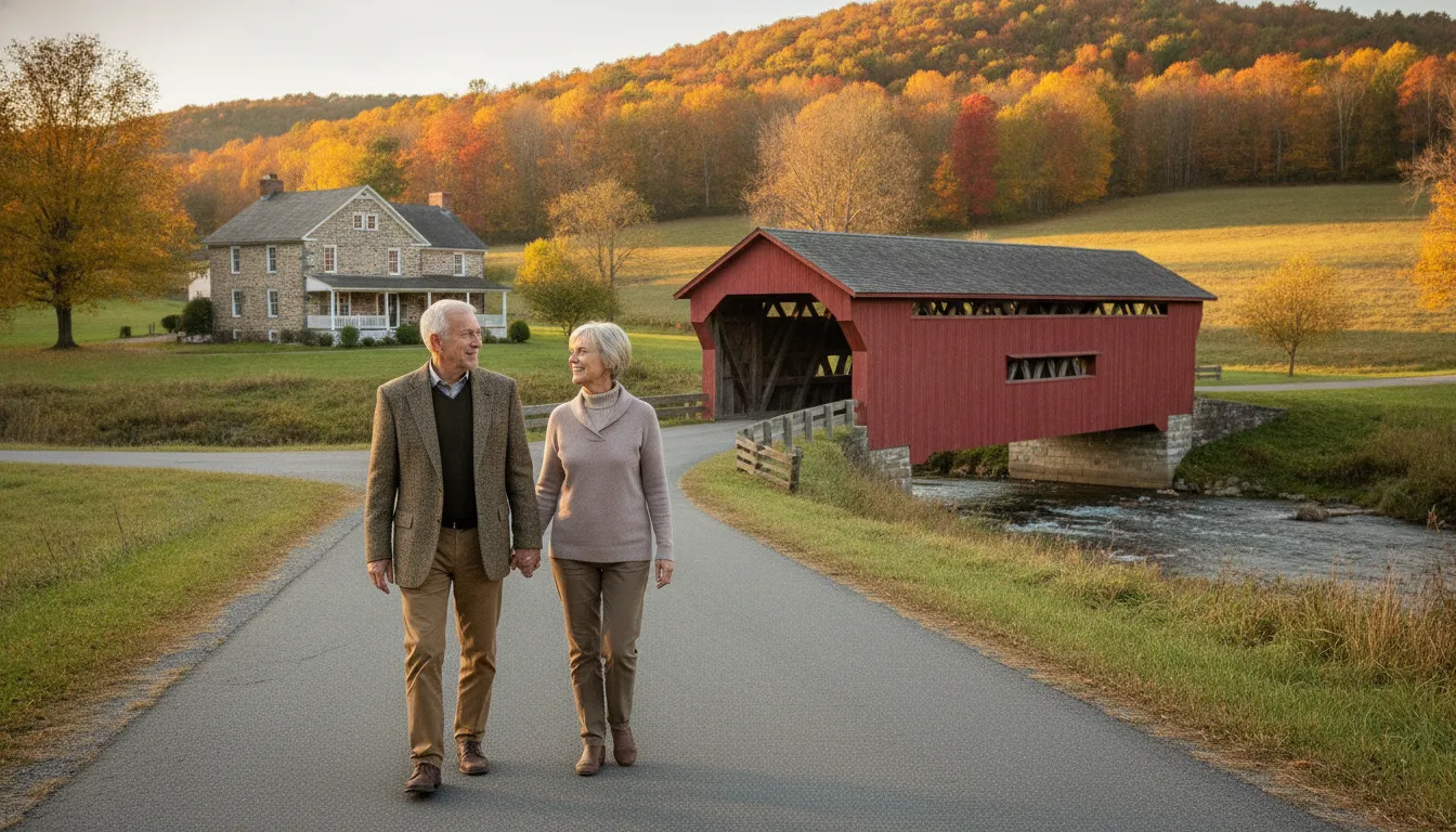 A couple in their late 60s walking a country road toward a red covered bridge, a stone farmhouse, and autumn hills in Pennsylvania.