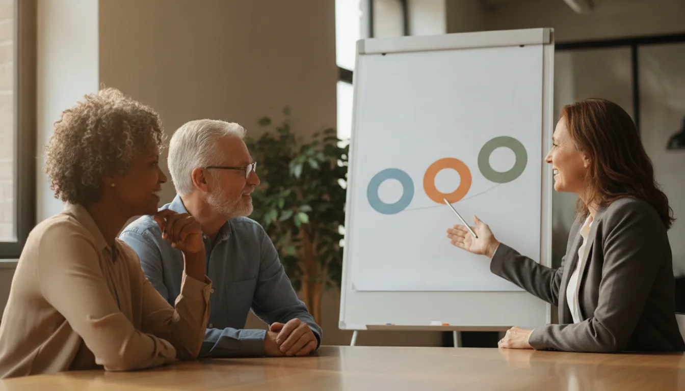Retirement educator explaining Social Security claiming ages to an older couple