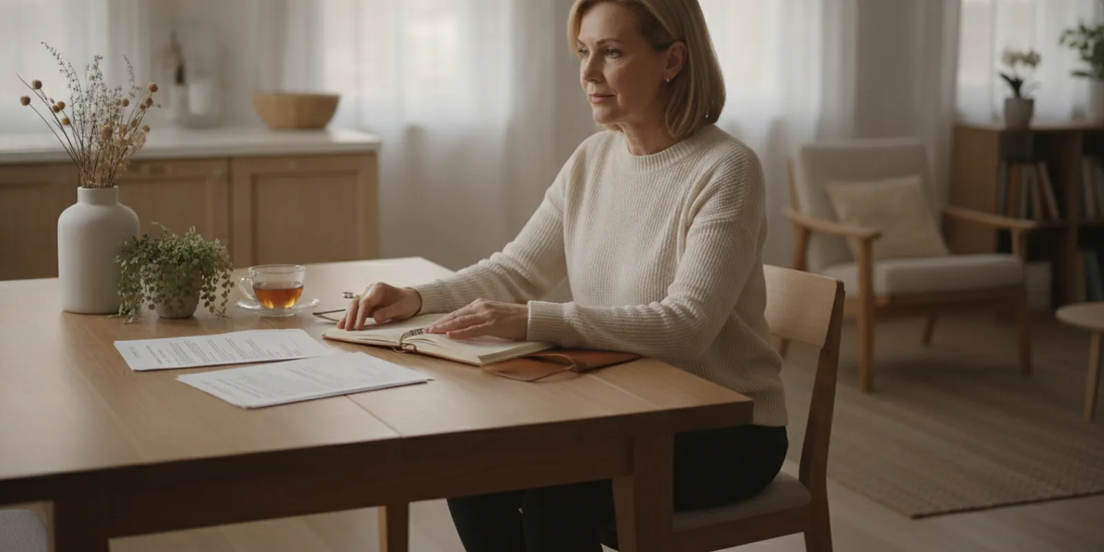 A surviving spouse reviewing Social Security paperwork at a kitchen table