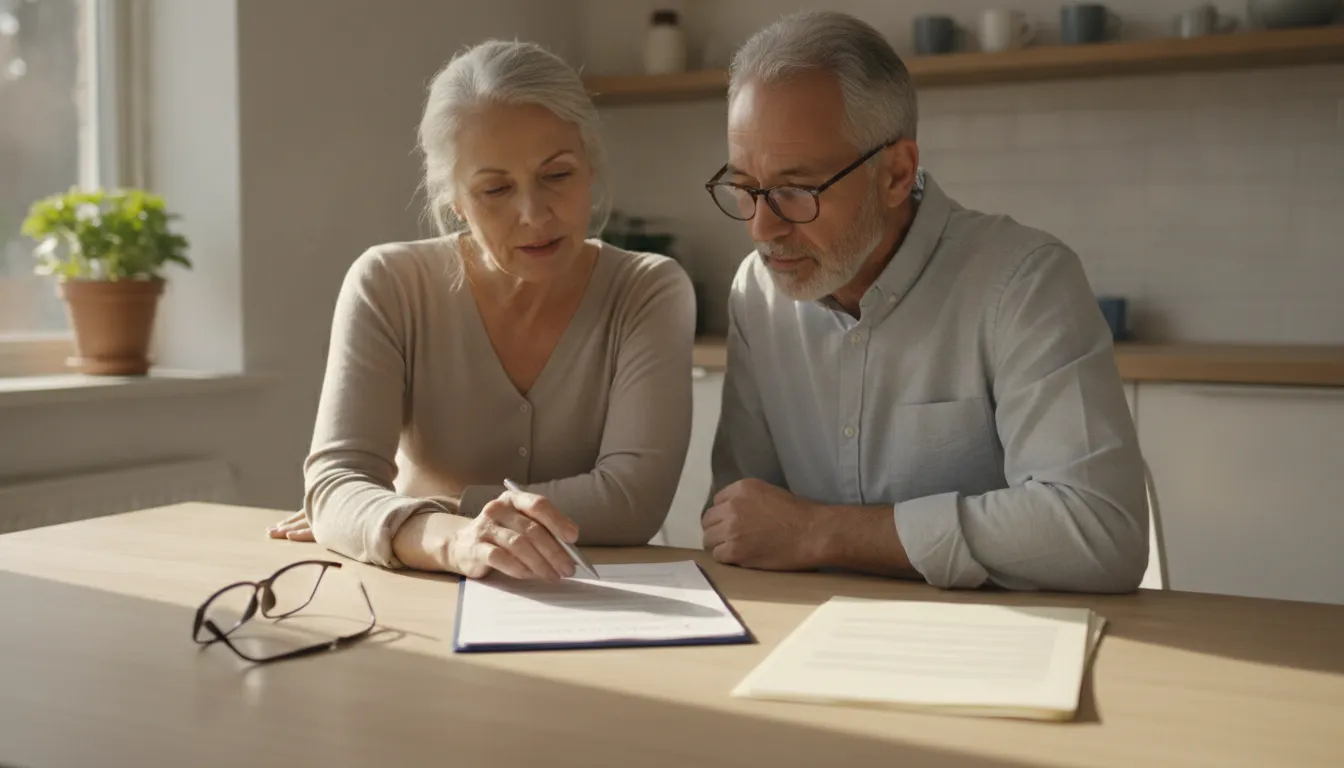 Mature couple reviewing an annuity contract and beneficiary documents together at a kitchen table.