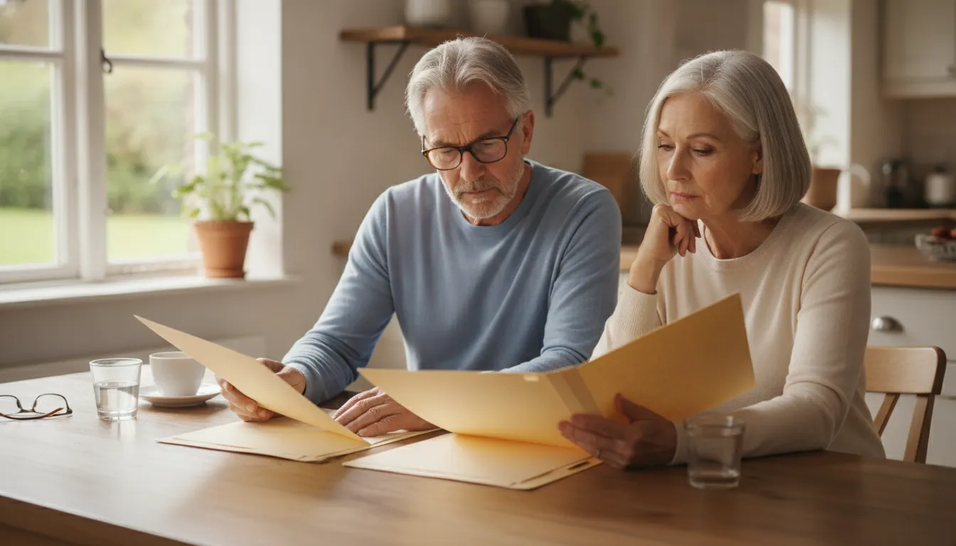A couple in their sixties reviews two folders at a sunny kitchen table while considering retirement income choices