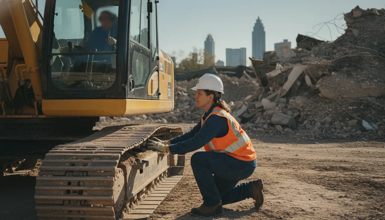 Heavy machinery operator completing an equipment inspection on a Georgia commercial demolition site