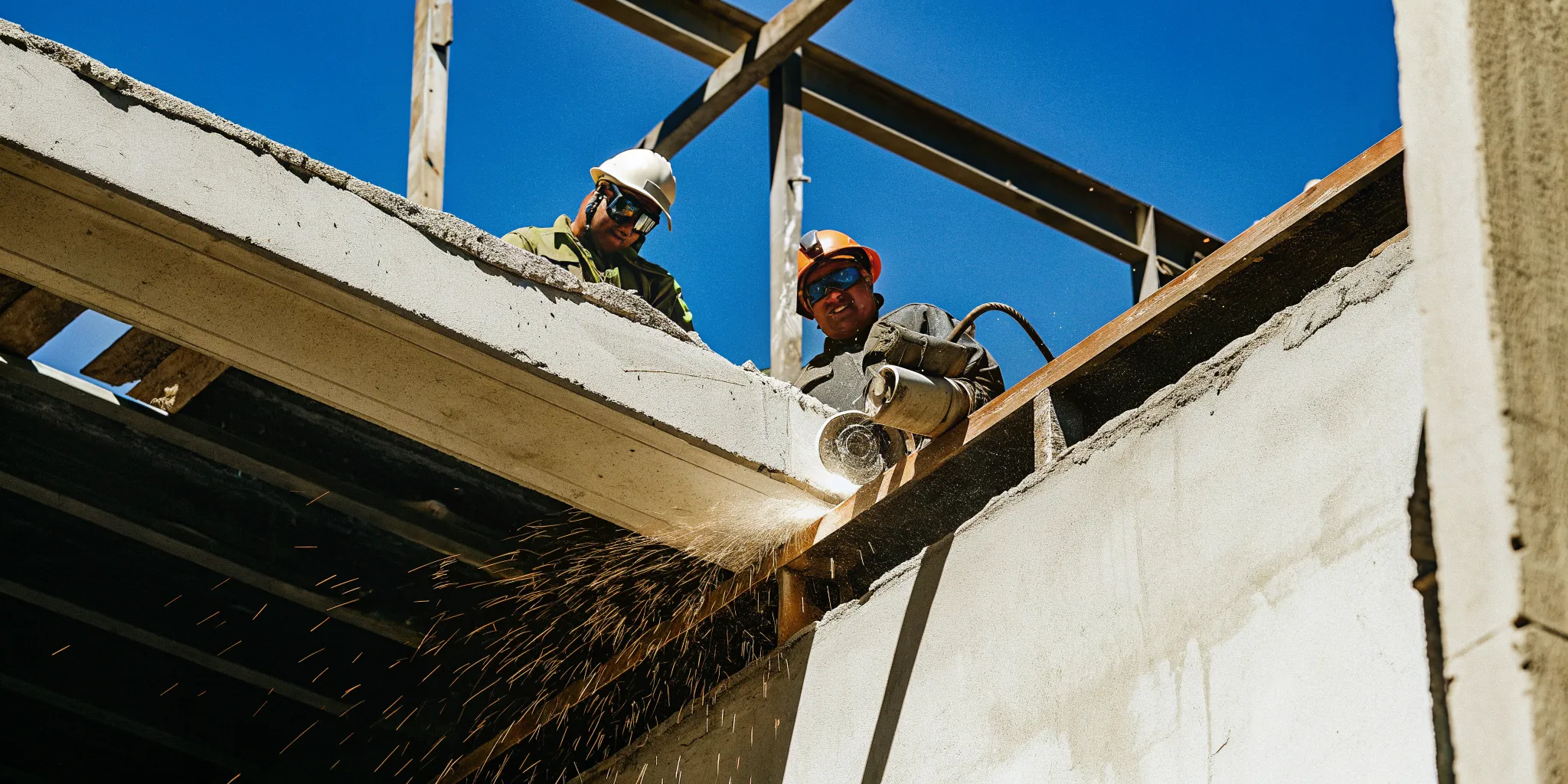 Demolition crews cutting concrete with a saw on a safe commercial job site